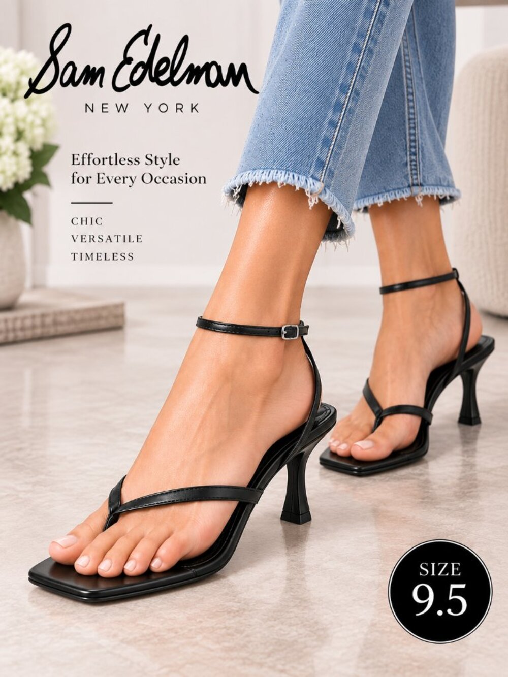 Sam Edelman Pax 9.5 Black Leather Strappy Kitten Heel Thong Sandals Square Toe